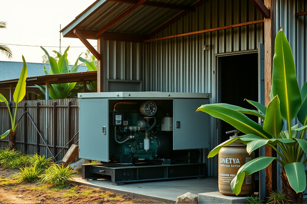 25 kVA generator diesel consumption per hour: compact silent diesel genset running outside a Malaysian workshop