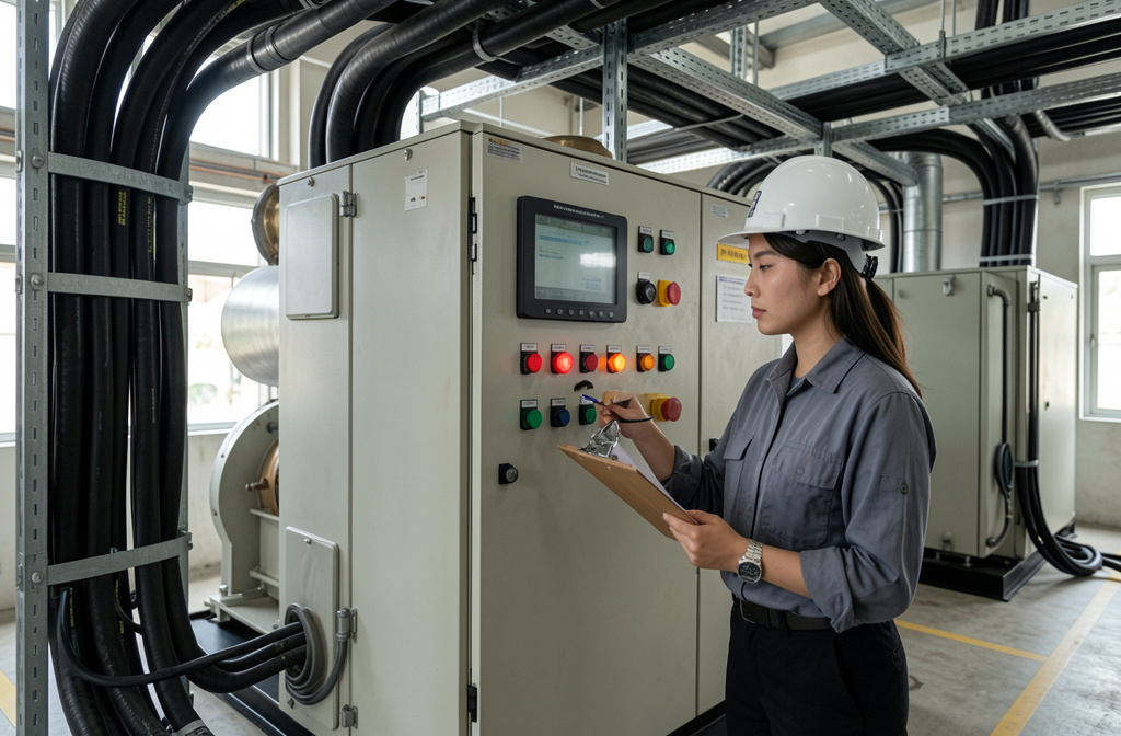 Engineer checking the control panel of a 350 kVA generator in a Malaysian generator room