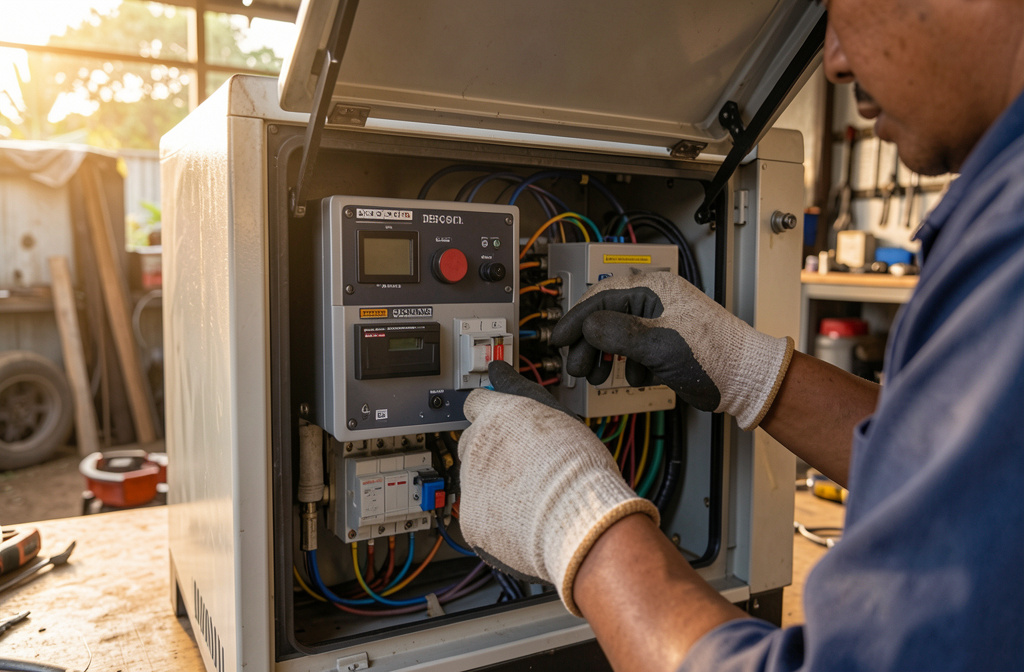 Technician checking the control panel of a 60 kVA generator at a Malaysian site