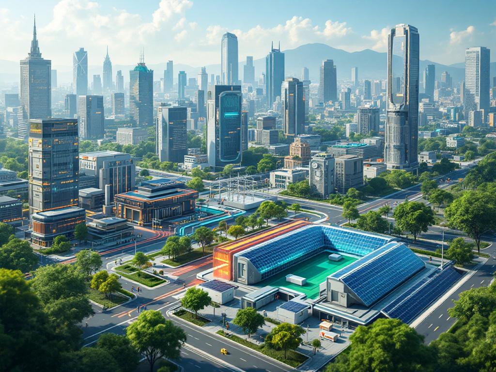 A futuristic cityscape illustrating advanced generator systems integrated with battery storage for energy autonomy