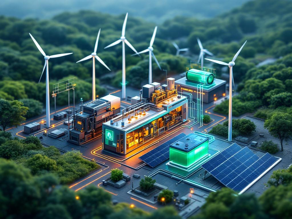 A futuristic hybrid power system featuring both generators and battery storage, showing integration and efficiency