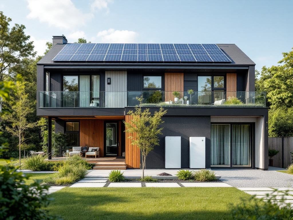 A modern home with integrated solar panels and a visible battery storage system