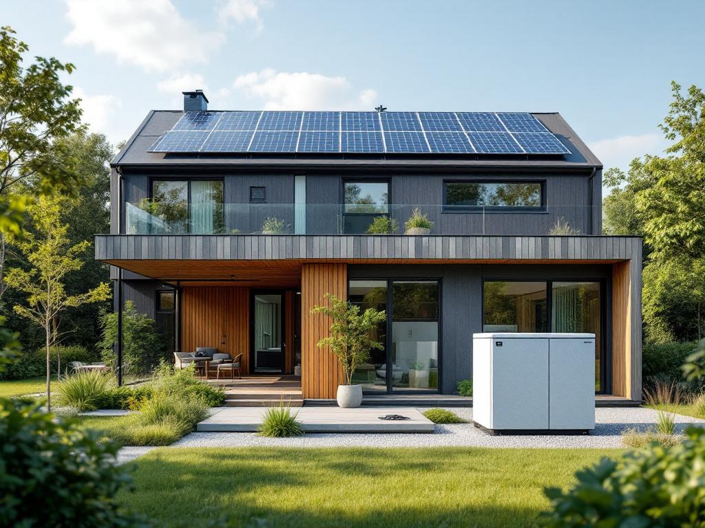 A modern home with solar panels and a battery energy storage unit