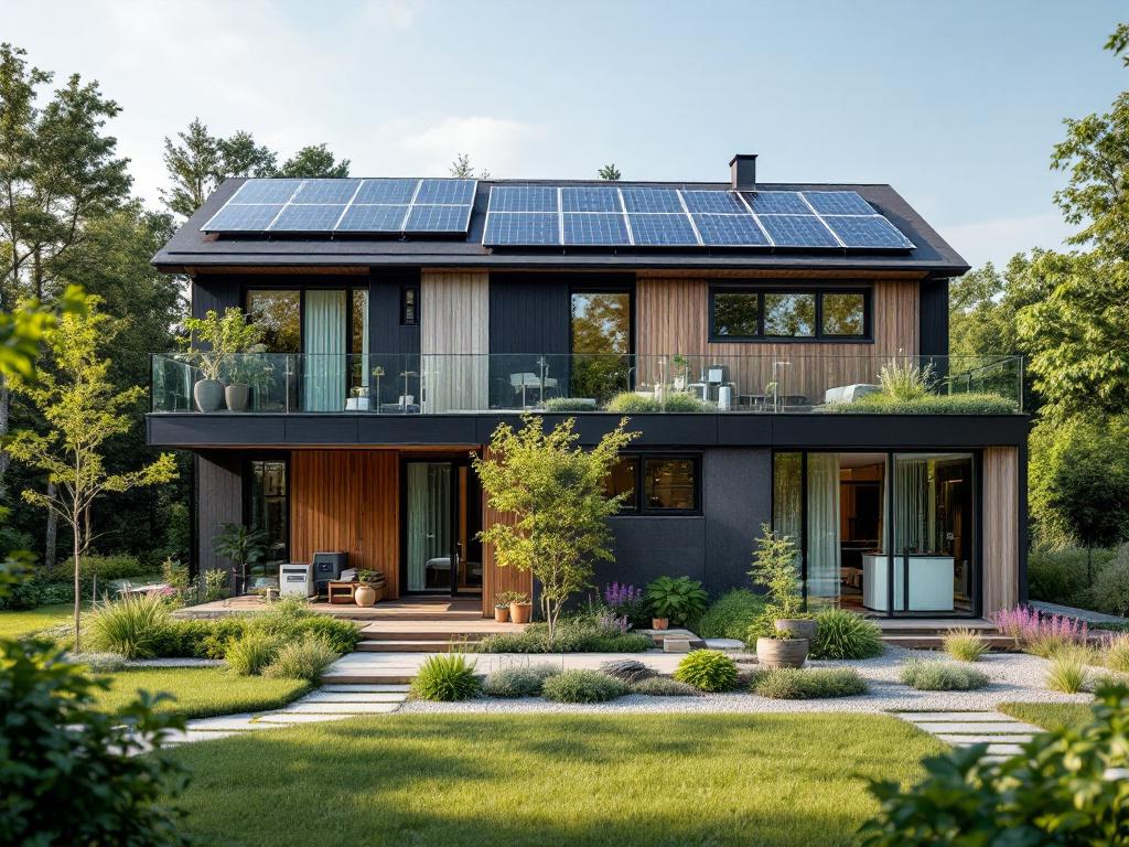 A modern house powered by a combination of solar panels, generators, and battery energy storage systems achieving grid independence