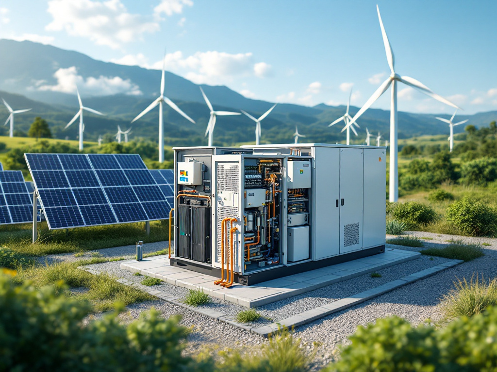 A modern power generator integrated with battery storage near solar panels and wind turbines