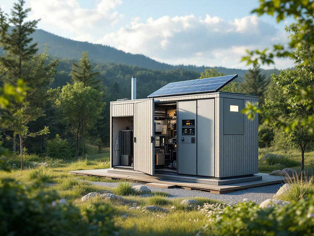 A modern power generator integrated with solar panels and battery storage in a serene natural setting