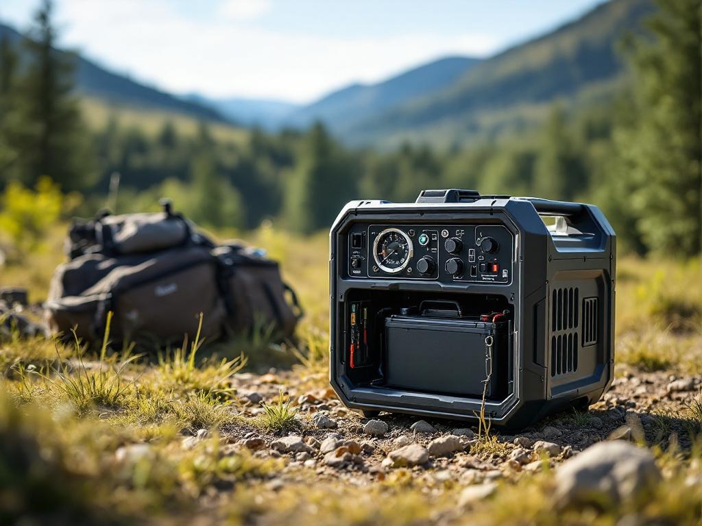 A portable generator with built-in battery storage in a scenic outdoor environment