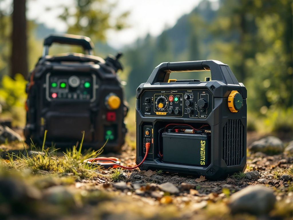 A portable power generator with built-in battery storage in an outdoor setting