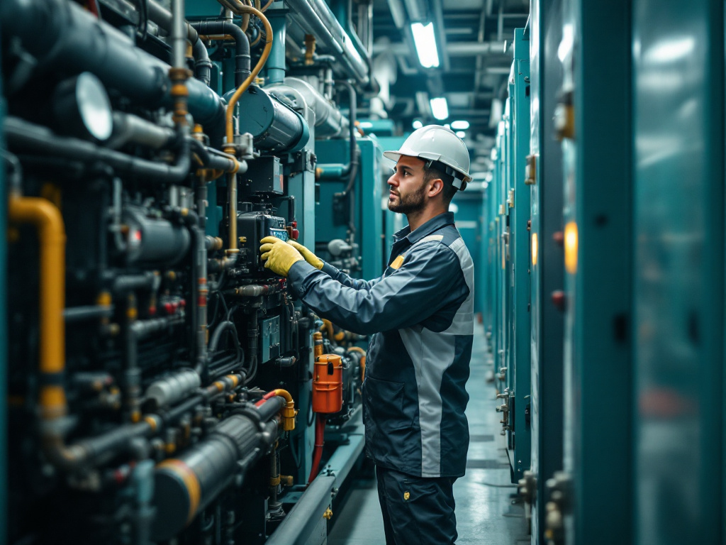 A technician inspecting a power generator