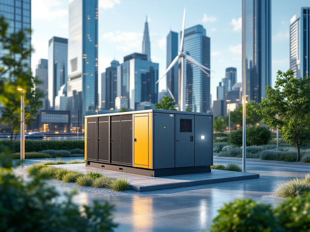 Battery energy storage system integrated with emergency power generator in a modern cityscape