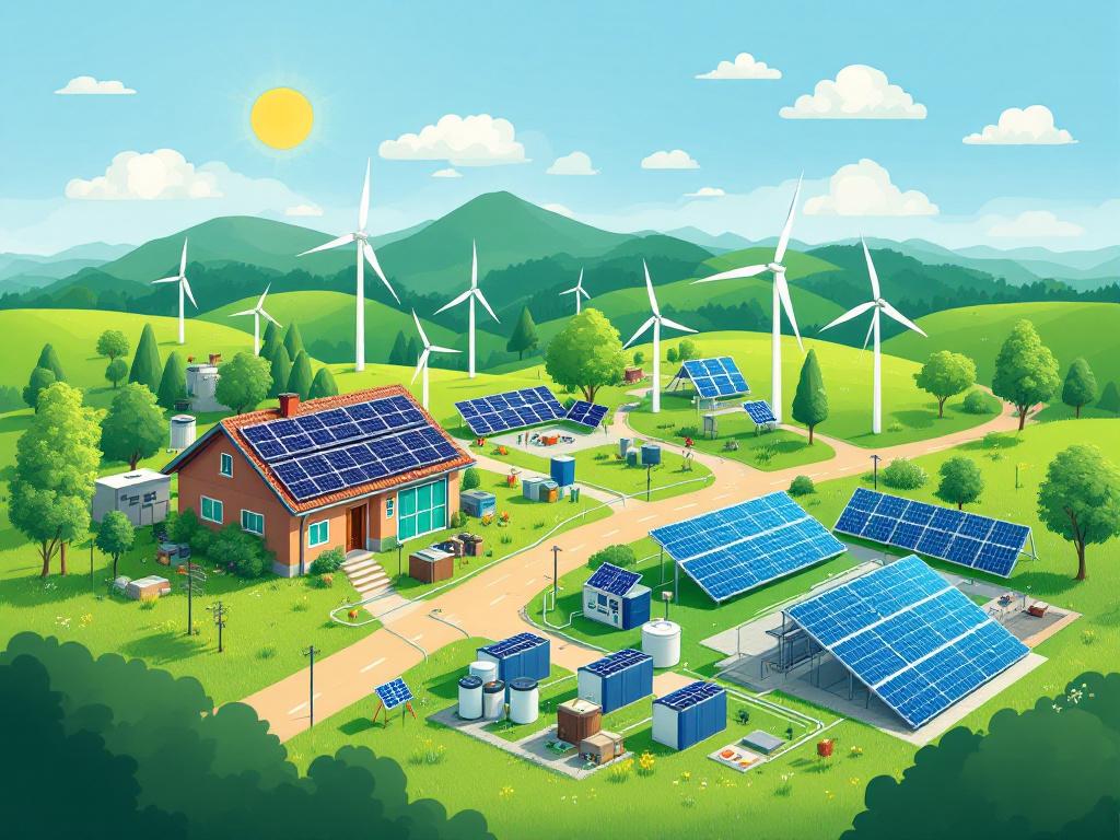 Conceptual illustration of energy independence through battery storage and renewable energy sources