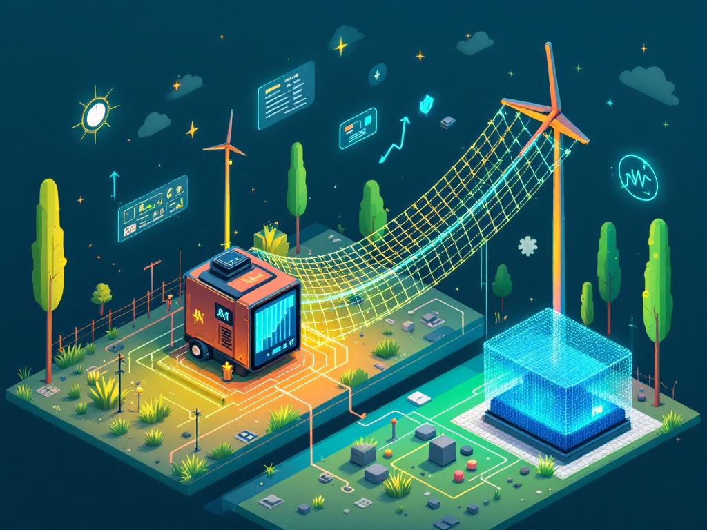 Illustration of AI managing power flow between generator and battery