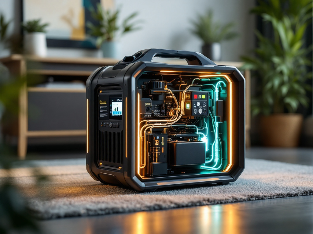 Innovative portable power generator design with battery storage indoors at home