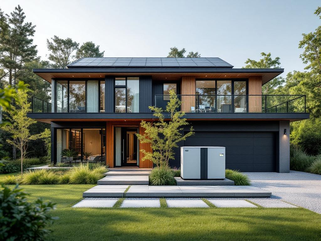 Modern home showcasing integrated power generator and battery energy storage system setup