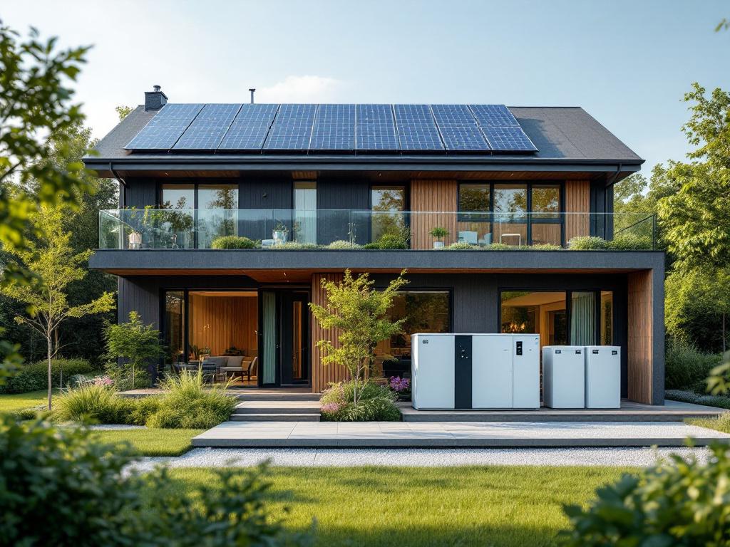 Modern home with renewable energy generator and battery storage setup