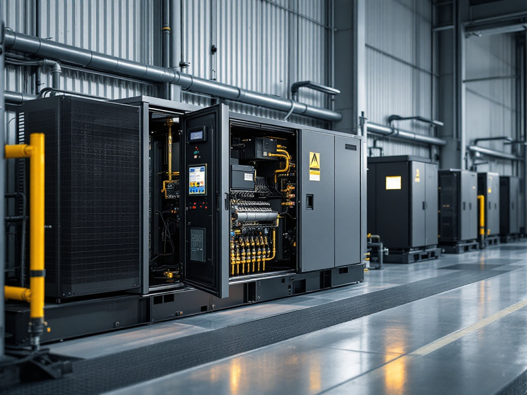 Modern power generator setup with batteries in a commercial environment