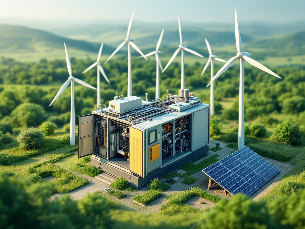 Power generator with renewable energy integration, featuring solar panels and wind turbines