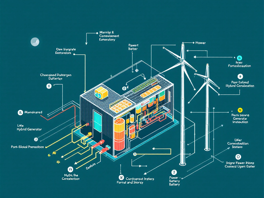 Schematic or graphic representation of a hybrid power generator with integrated batteries for storage