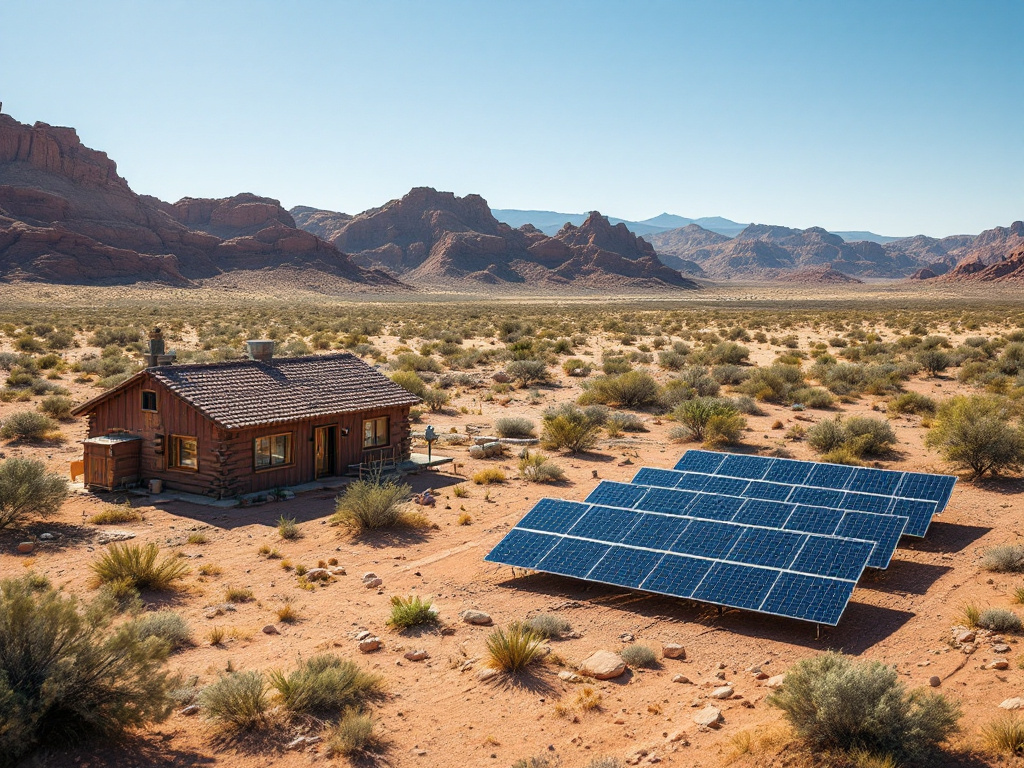 Solar panels with battery storage in a remote desert