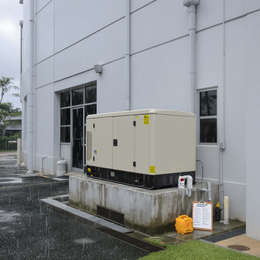 Standby generator on raised plinth with rainwater drainage and pre-storm checklist