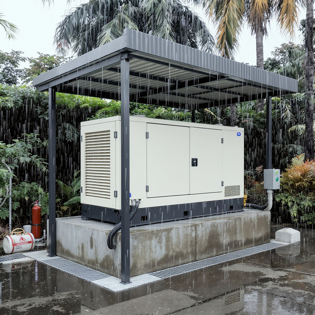 Weatherproof standby generator installation with rainproof canopy, sealed louvers, bunded tank, and drip loops