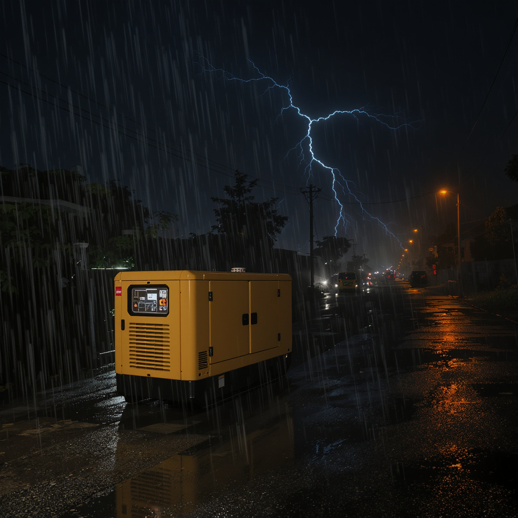 Backup generator safeguarding Malaysian homes and factories during monsoon night