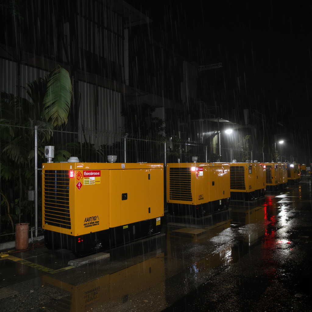 Backup generators for Malaysian homes and factories during a tropical monsoon night