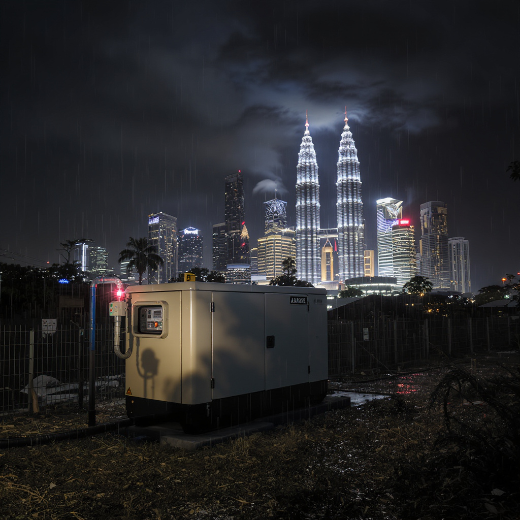 Backup generators protecting Malaysian homes and factories during the Northeast monsoon in Malaysia, night scene over the Kuala Lumpur skyline