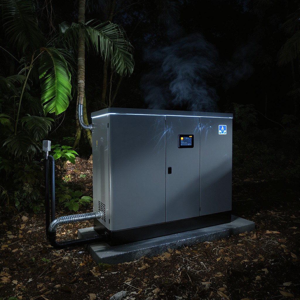 Backup power for Malaysian homes and factories at night in a tropical setting