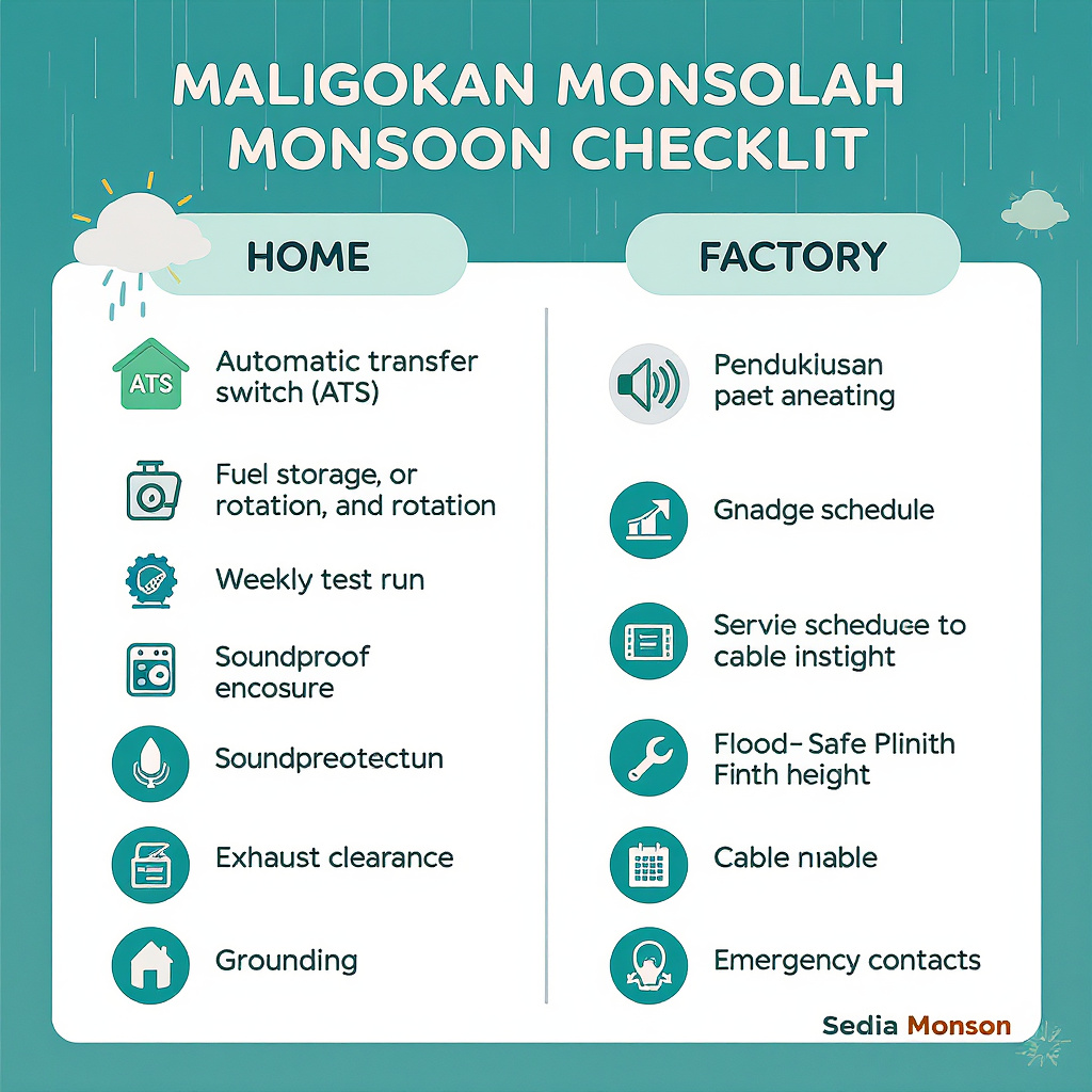 Home and Factory monsoon readiness checklist infographic for Malaysian backup generators