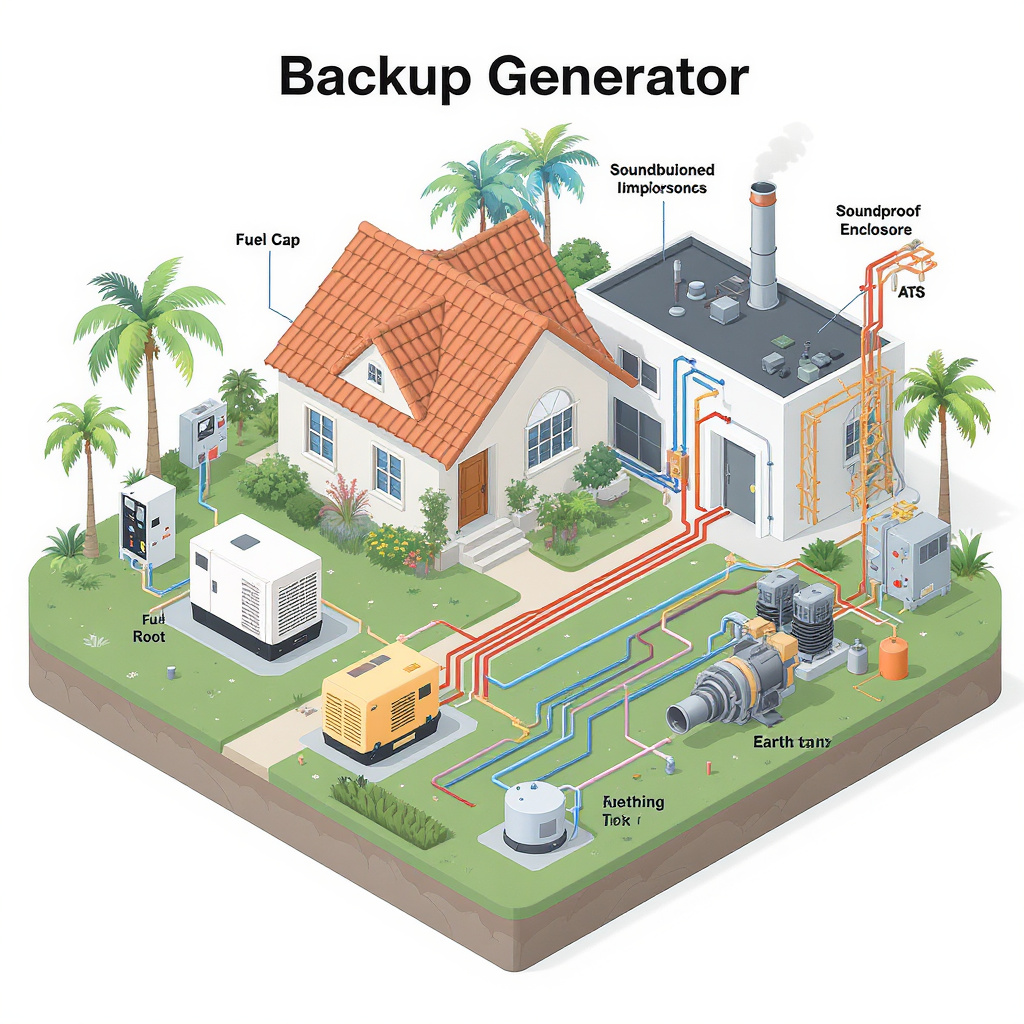 Isometric diagram of a home and small factory backup generator system with ATS, fuel tank, and earthing