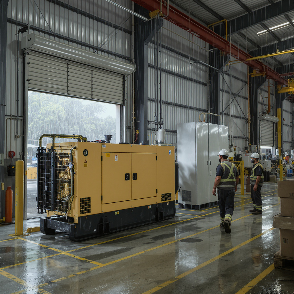 Commercial diesel generator with ATS in a Malaysian light-manufacturing facility during rainfall