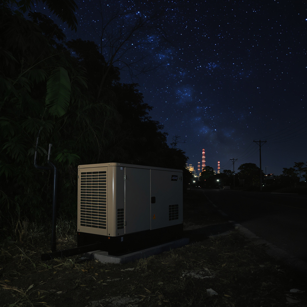Dual-use backup generator for Malaysian homes and factories at night near forest edge