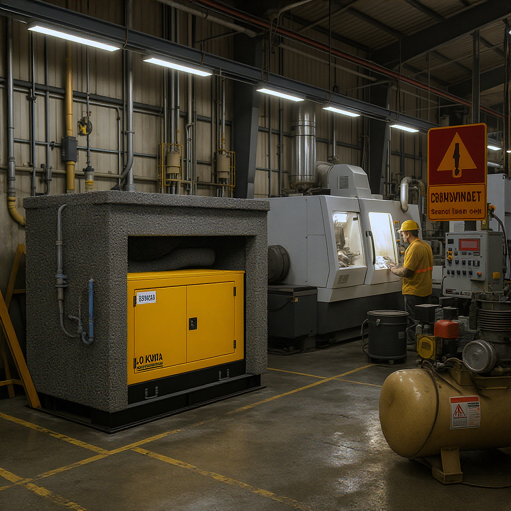 Light manufacturing factory in Malaysia running on a 60 kVA acoustic generator during a brownout