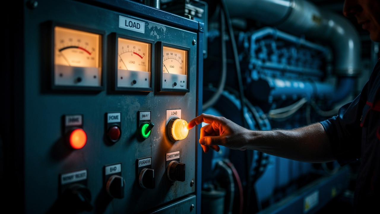 Panel kawalan genset menyala dalam bilik enjin
