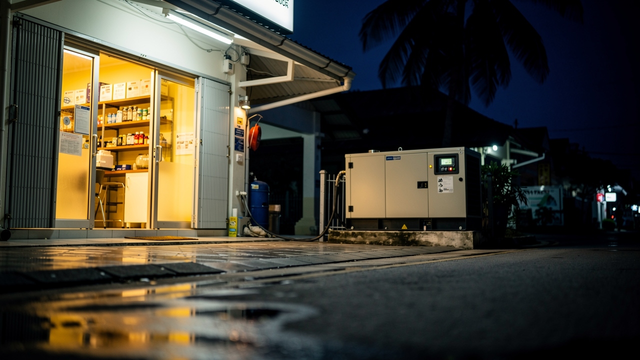 Kedai malam yang tenang dengan genset standby yang betul saiznya