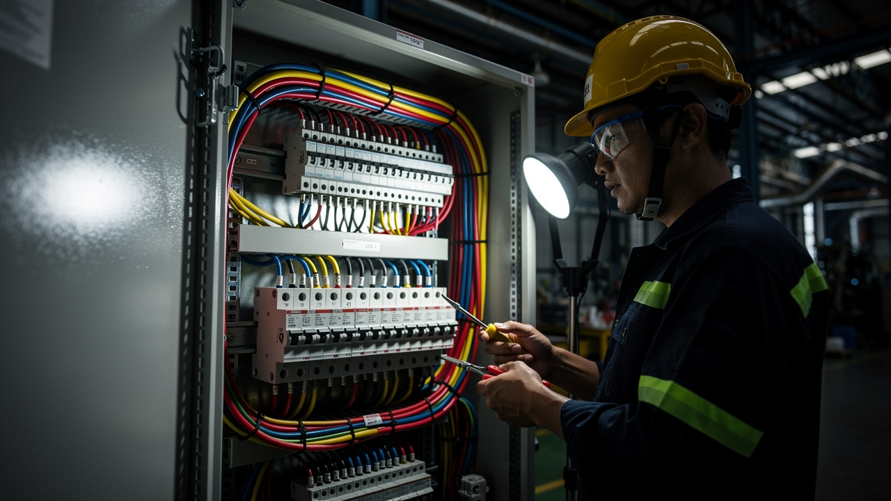 Panel distribusi tiga fasa di premis perindustrian
