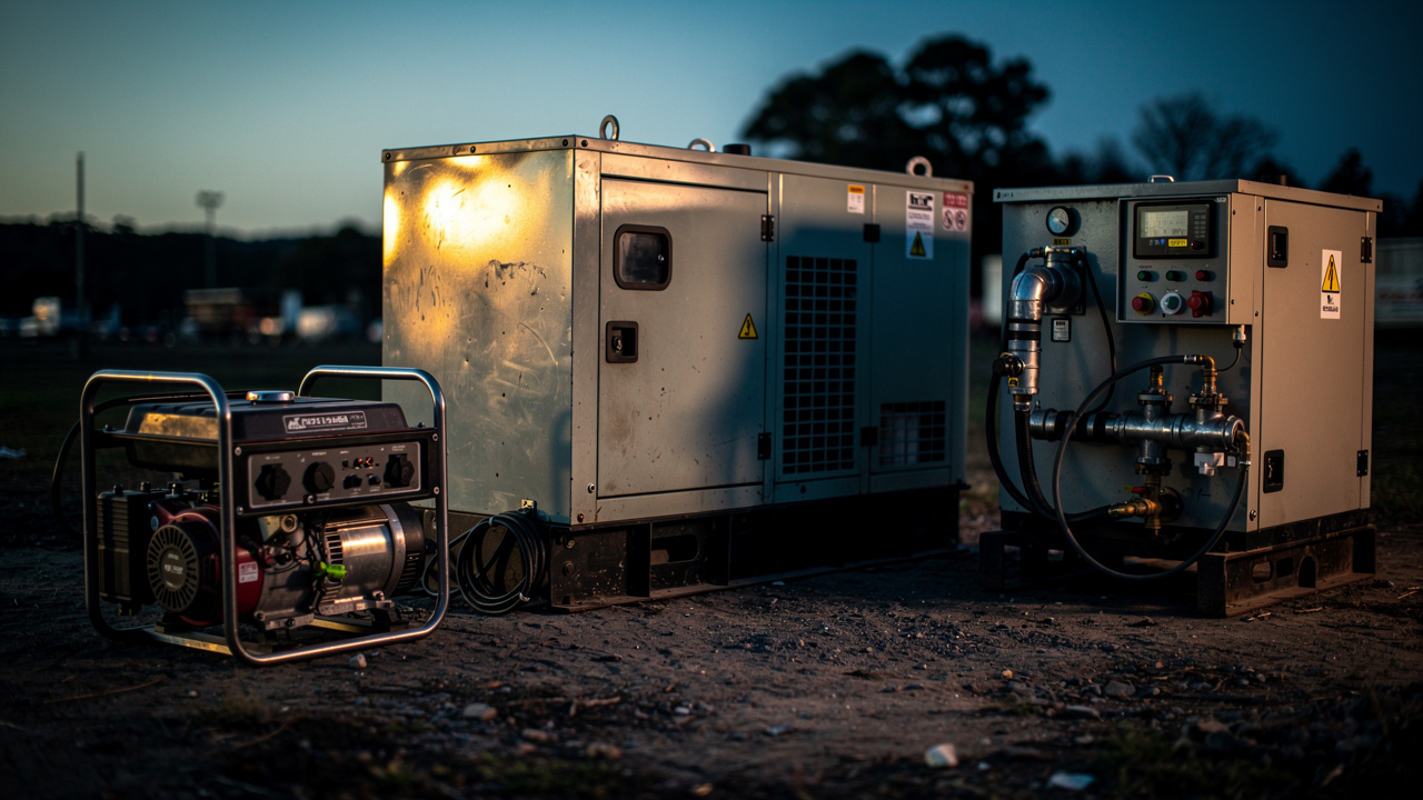 Tiga genset bersebelahan — petrol, diesel dan gas — tiga kuda berbeza