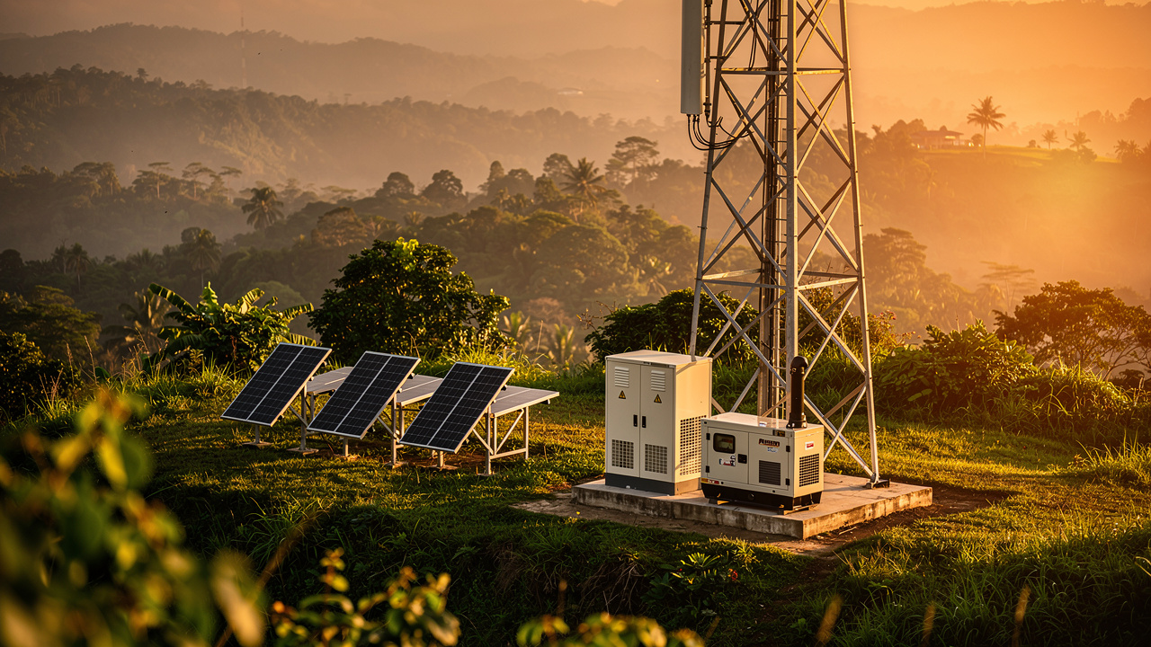 Menara telekomunikasi guna sistem hibrid solar, bateri dan genset