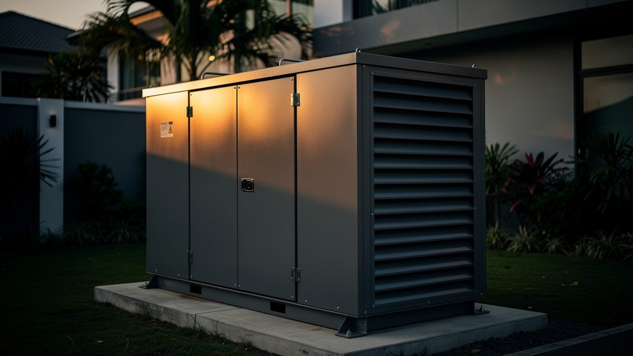 Canopy genset kedap bunyi moden di belakang bangunan komersial