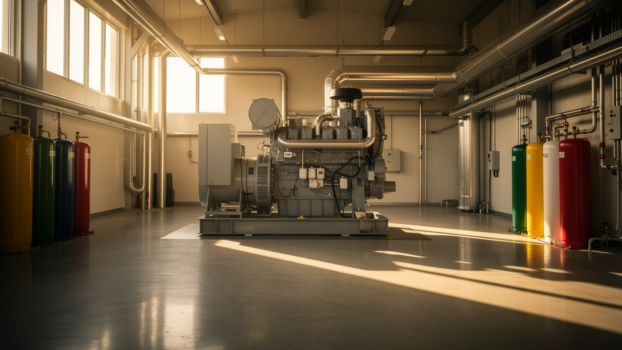 Ruang genset tersenggaraan dengan tangki bahan api berlabel: keyakinan untuk hari yang anda perlukan