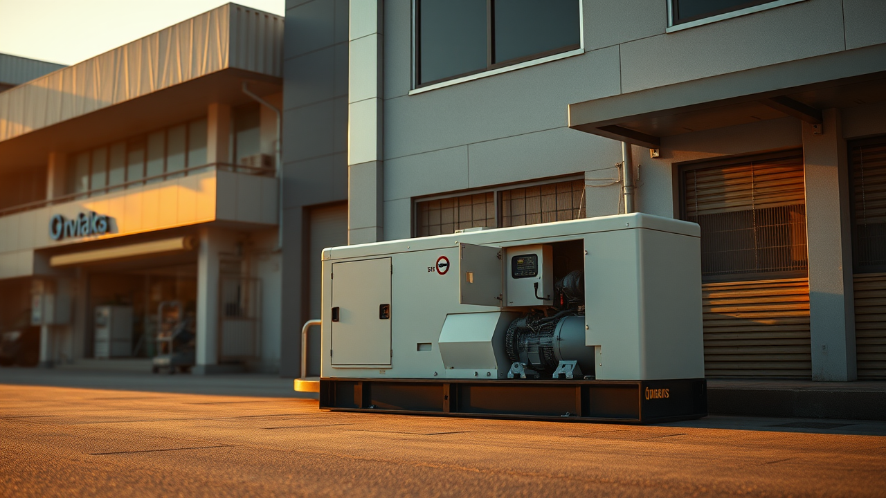 Genset standby bersaiz betul terpasang kemas di sebelah bangunan kedai: pemasangan ideal