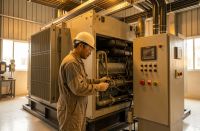 Fuel saving gensets in Malaysia: technician inspecting a soundproofed diesel generator in a Malaysian plant room