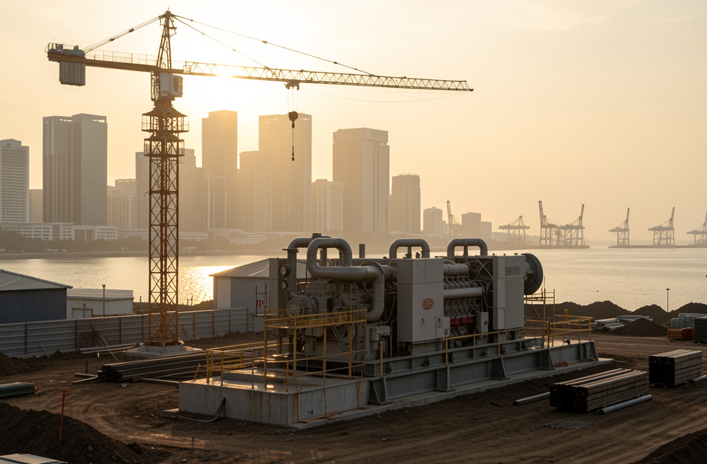 Genset rental Johor: construction site generator at work in Johor Bahru at golden hour
