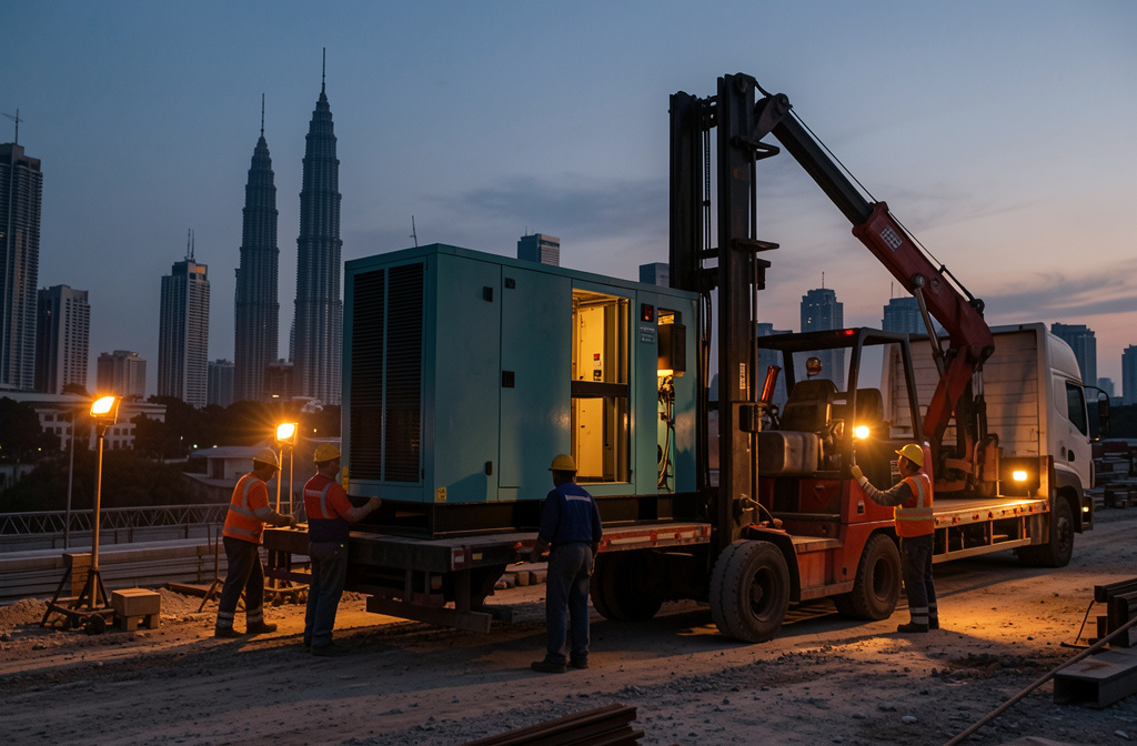 Genset rental Malaysia: silent diesel generator delivered to a Kuala Lumpur construction site at dusk
