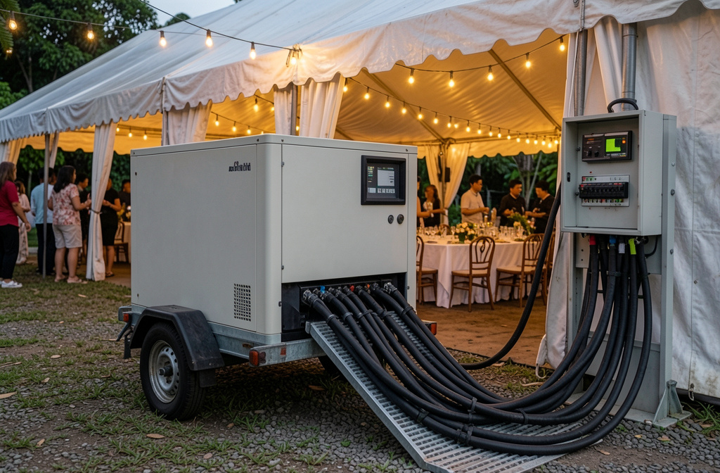 Mobile genset rental Malaysia unit cabled to a temporary distribution board at a Malaysian event venue