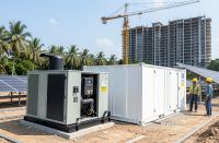 Hybrid generator for construction sites in Malaysia: solar panels and battery storage paired with a diesel genset on a Malaysian jobsite