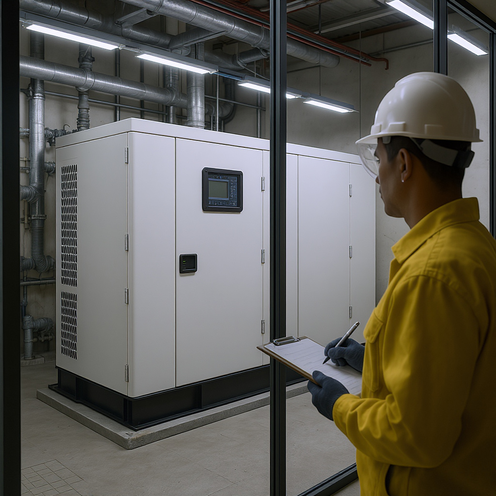 Factory generator room with enclosed genset, technician performing maintenance in PPE