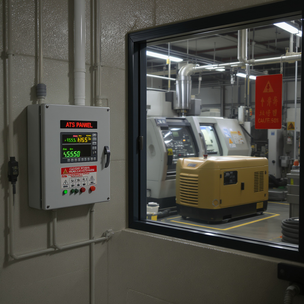 Small Malaysian factory floor with ATS panel showing generator ready status