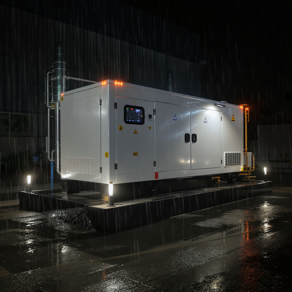 Nighttime rain scene with elevated low-noise generator protecting Malaysian homes and factories